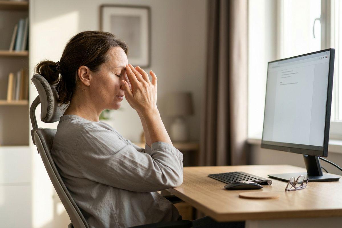 A person at a desk with their eyes closed, hands pressed to the bridge of their nose, beside a computer monitor, keyboard, and folded glasses.