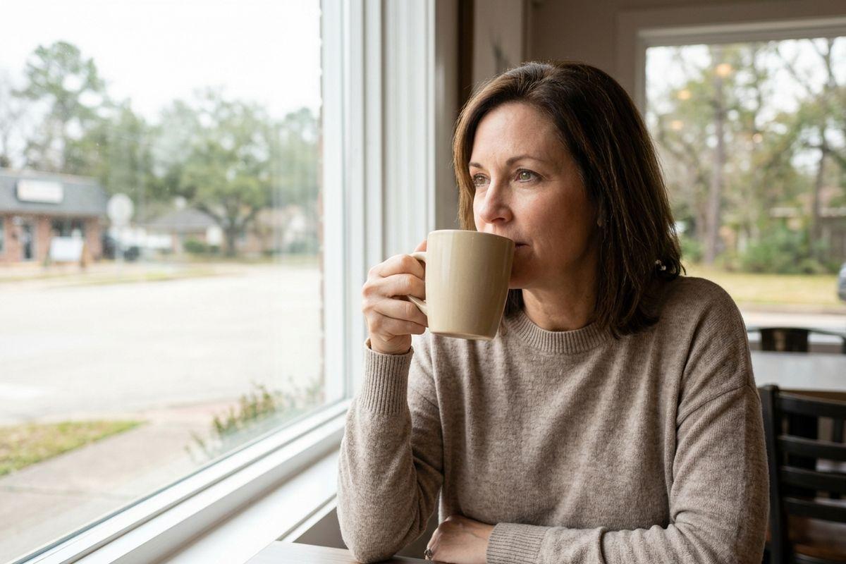 Adult in a beige sweater holding a mug, sitting at a table and gazing out a window at a street and trees.