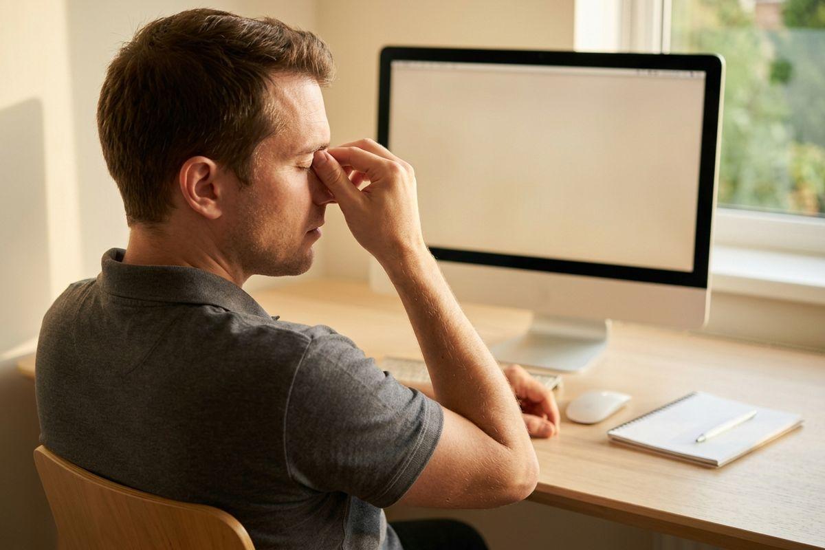 Adult sitting at a desk with eyes closed, pinching the bridge of the nose in front of a computer monitor, mouse and notepad nearby.