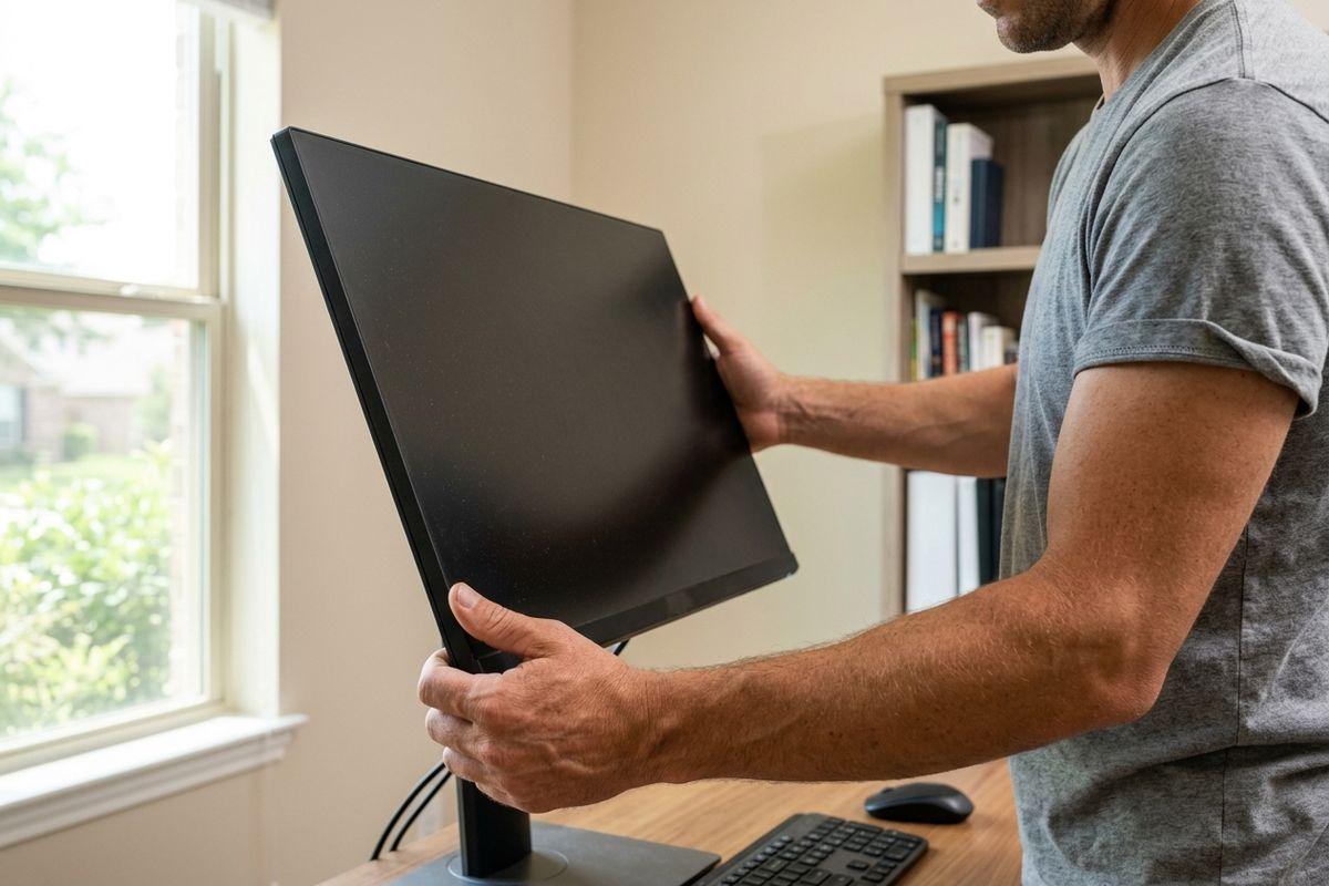 An adult in a grey T-shirt tilting a black computer monitor on a wooden desk beside a keyboard and mouse, near a window and bookshelf.