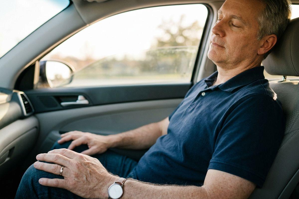 An adult in a navy polo shirt sitting in a car passenger seat with eyes closed, head resting back against the headrest.