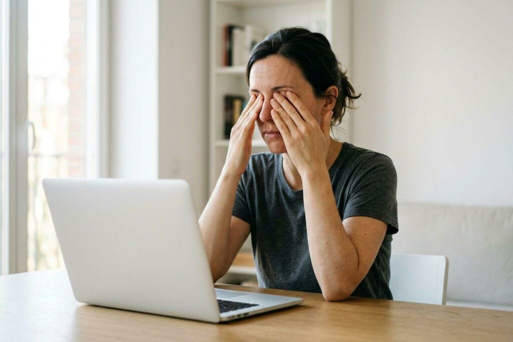 An adult sitting at a wooden table with a laptop, rubbing both eyes with their hands in a bright room.