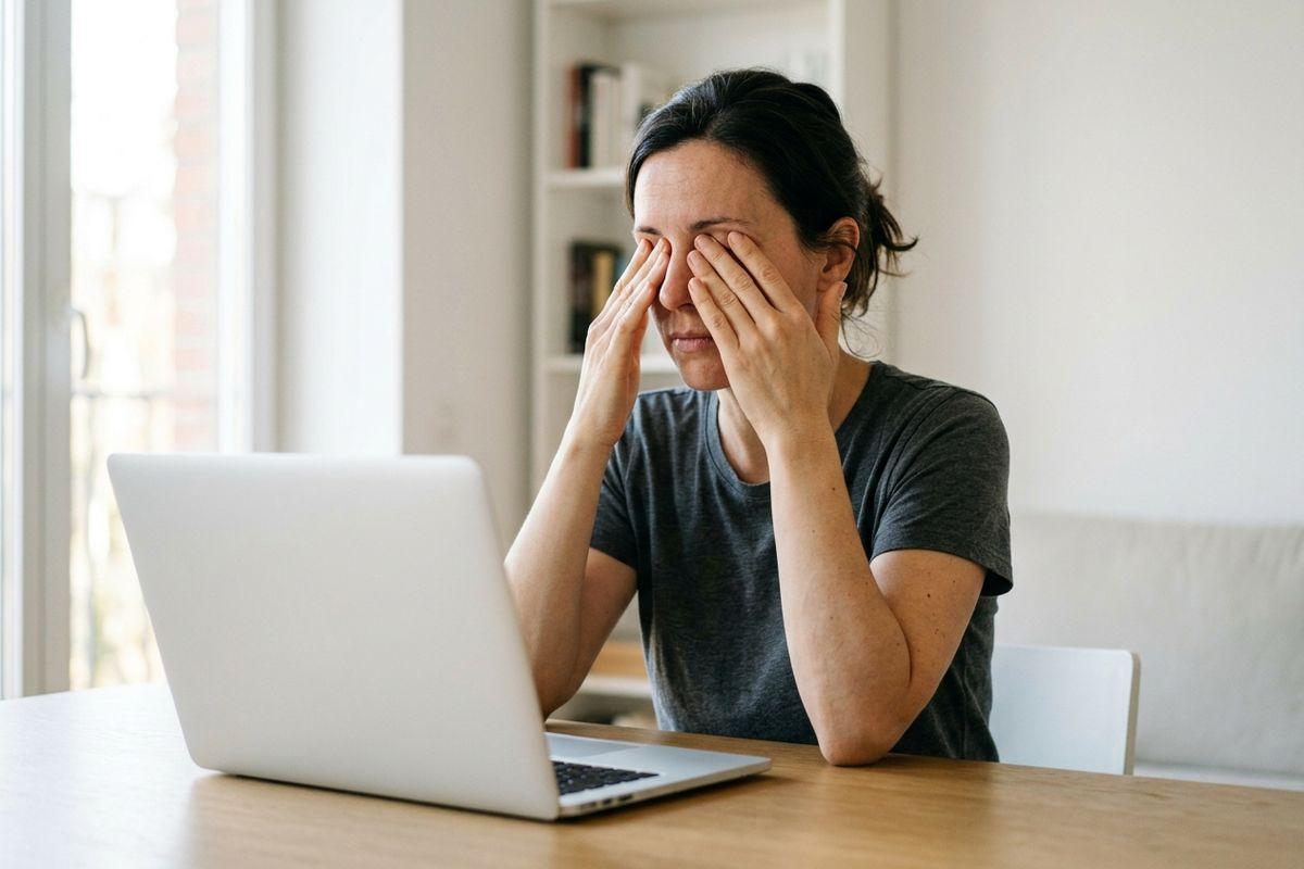 An adult sitting at a wooden table with a laptop, rubbing both eyes with their hands in a bright room.