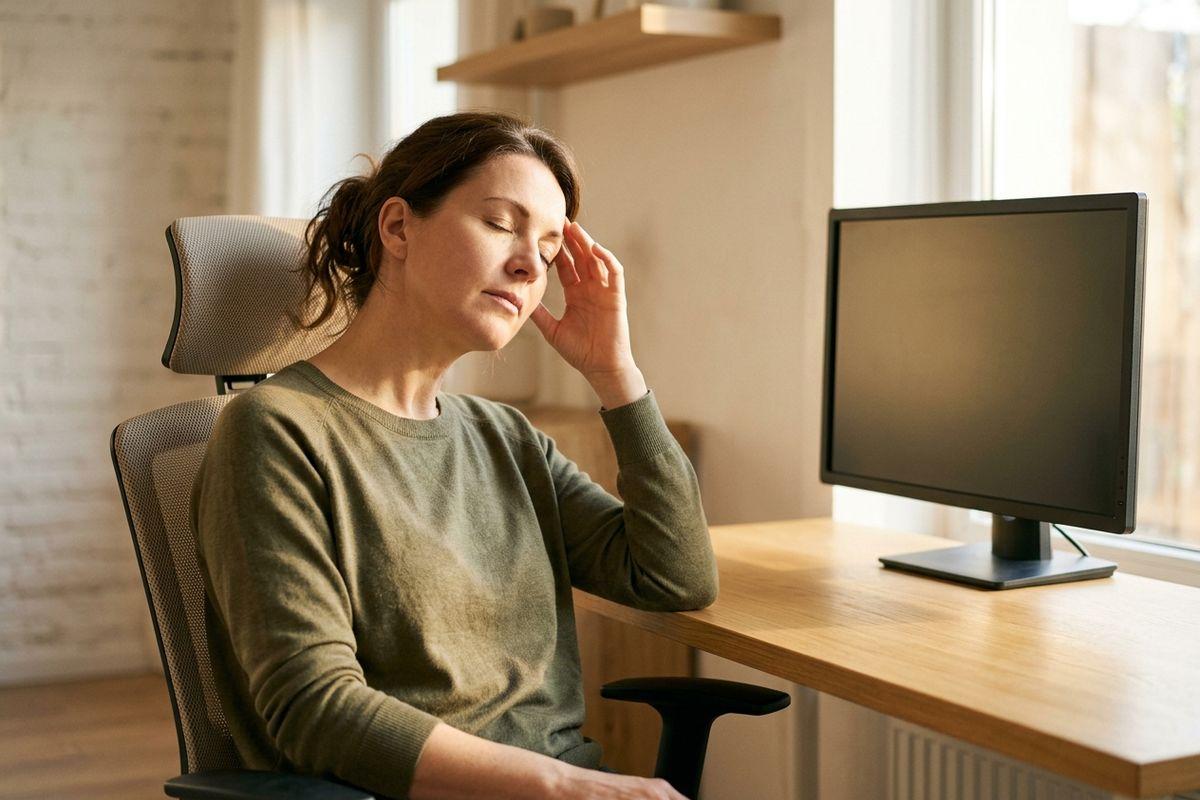 An adult sitting in an office chair at a desk with a monitor, eyes closed and hand touching temple.