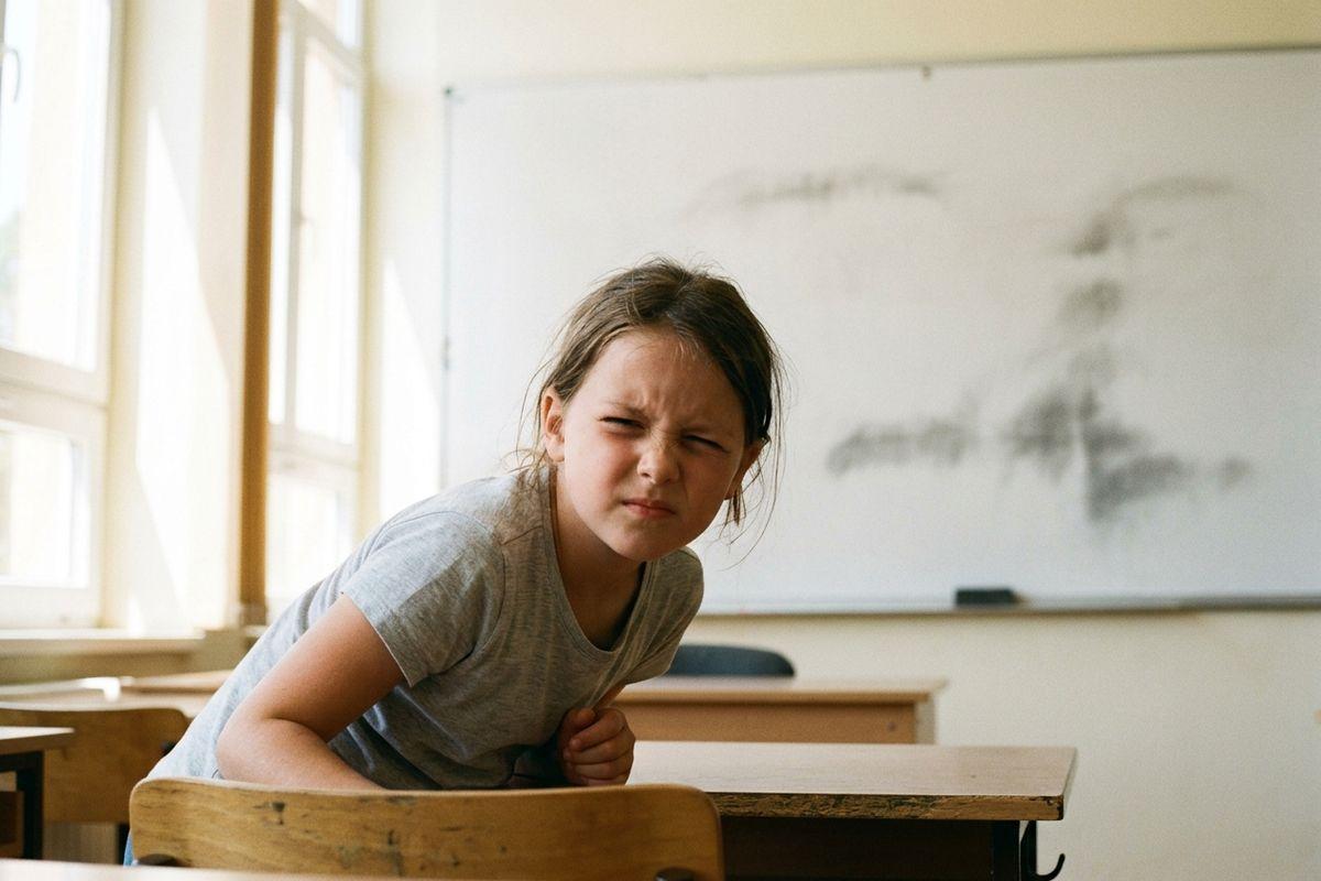 Child in a gray T-shirt hunched forward over a wooden desk in a classroom, grimacing with hands held to the stomach, whiteboard behind.