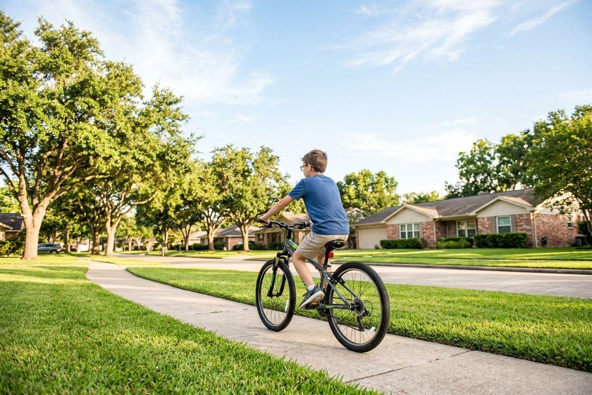 Child in glasses and a blue shirt rides a bicycle along a sidewalk in a suburban neighborhood with lawns, trees, and single-story houses.
