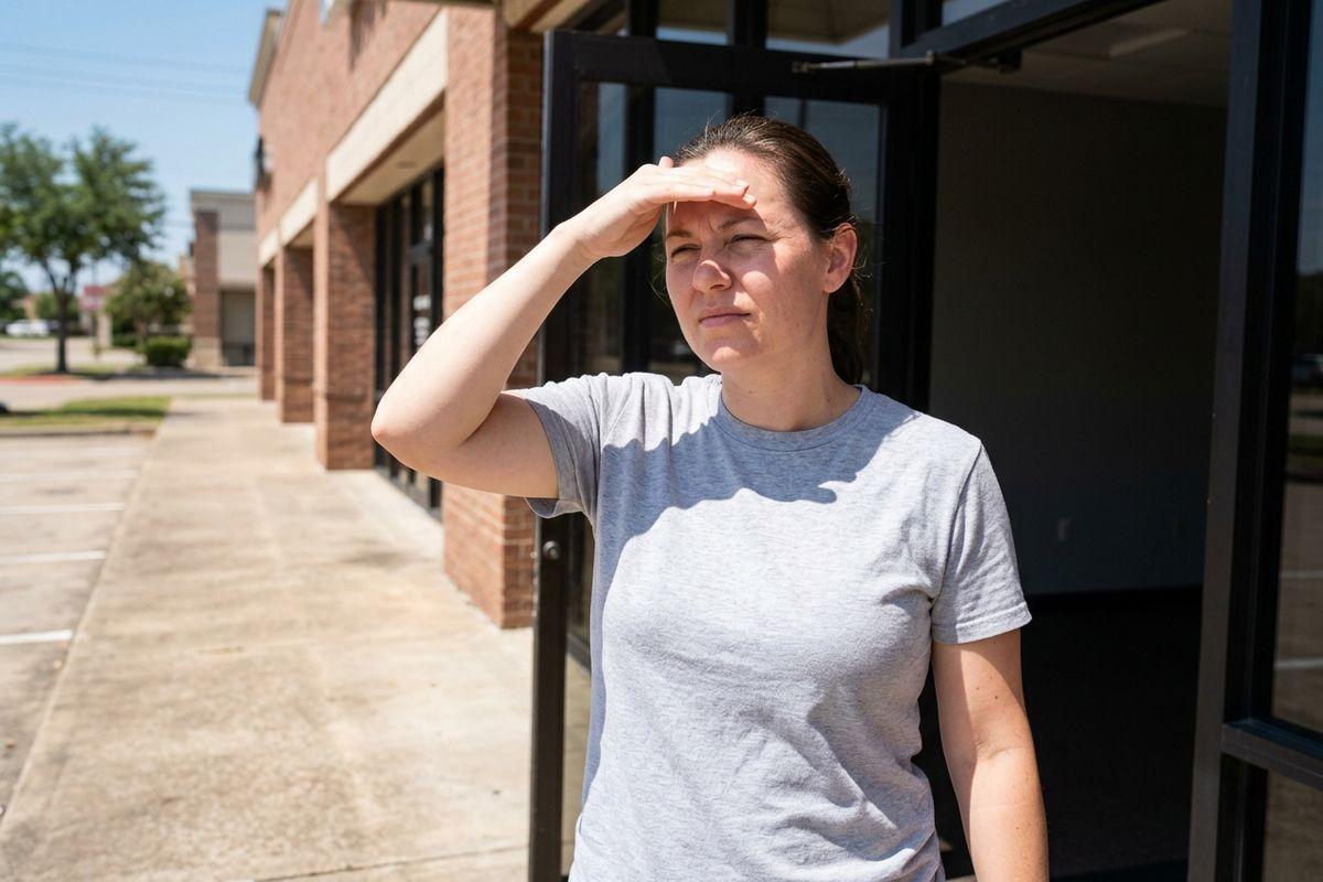 Person in a gray T-shirt shielding their eyes with a hand and squinting in bright sunlight outside a brick building's glass door.