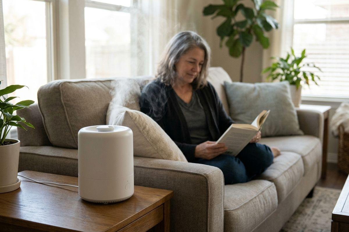 White humidifier releasing mist on a wooden side table while an adult reads a book on a sofa in a sunlit living room.
